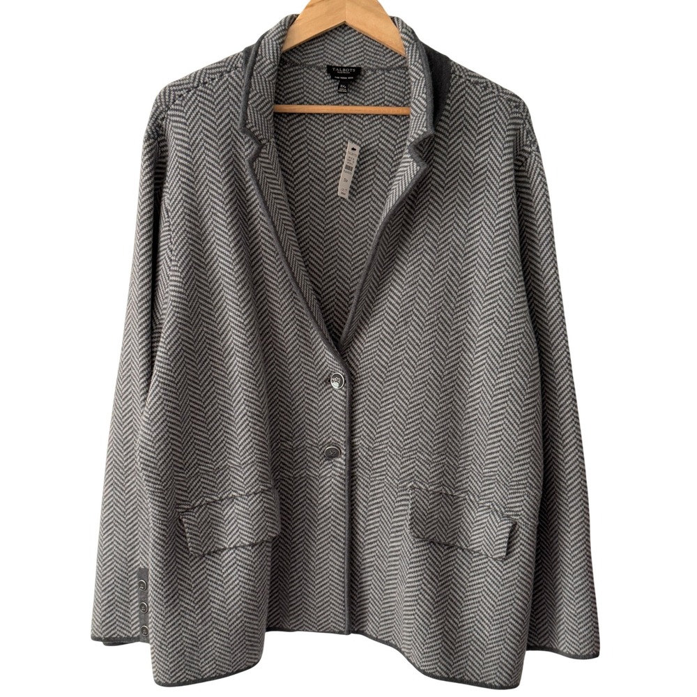 Talbots Blazer Cardigan Womens 3XP Grey New Herringbone Merino Wool‎ Sweater